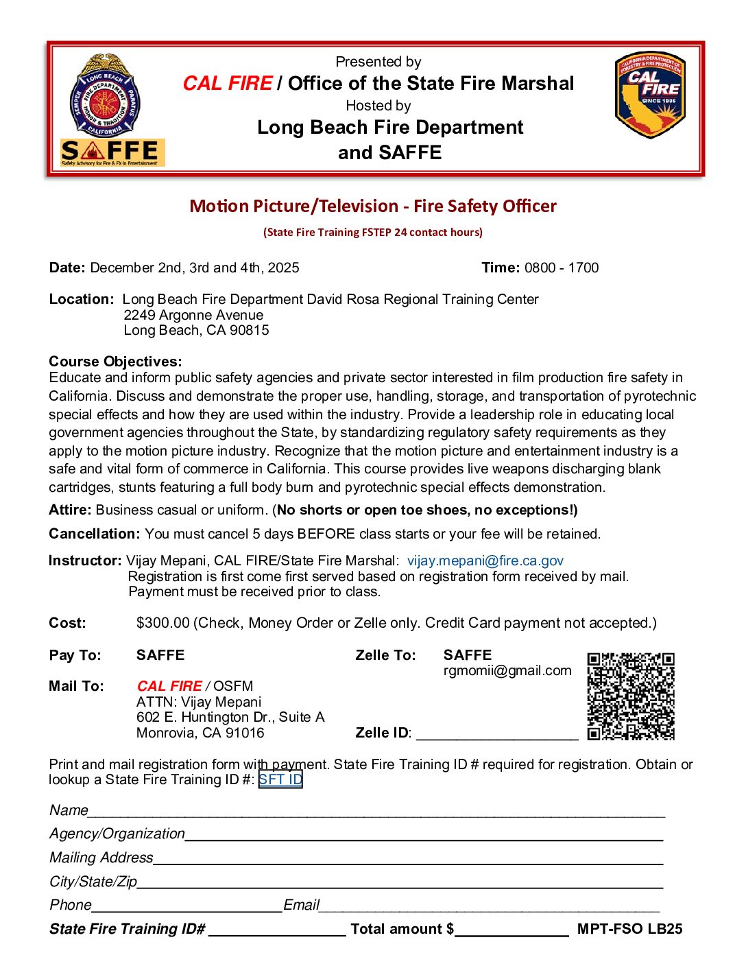 Motion Picture/Television – Fire Safety Officer- Dec.2-4, 2025- CLASS IS FILLED